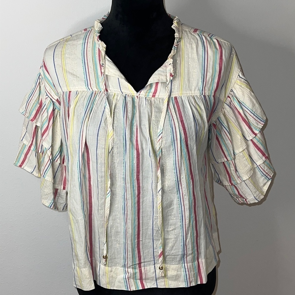 Peyton & Parker ivory color stripes metallic thread detail crop‎ boho top Sz XS